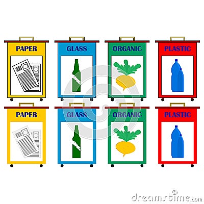 Recycling signs for bins. Icon set of street trash bins and containers with pictures of paper, glass, organics and plastic. Vector Illustration