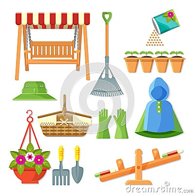 Set of garden equipment and decorative accessories vector illustration Vector Illustration
