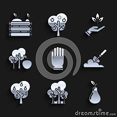 Set Garden gloves, Trees, Pear, trowel spade or shovel in the ground, with pears, apple, Plant hand of environmental Vector Illustration