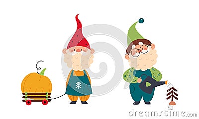 Set of garden gnomes. Dwarfs pulling wheelbarrow with pumpkin and watering tree seedling, cute fairy tale characters Vector Illustration