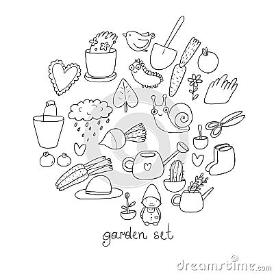 Set of garden objects. Plants, pots and tools for gardening. Vegetables and insects. Vector Illustration