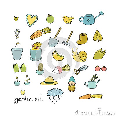 Set of garden objects. Plants, pots and tools for gardening. Vegetables and insects. Vector Illustration