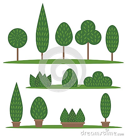 Garden and park set. Cartoon trees and bushes Vector Illustration