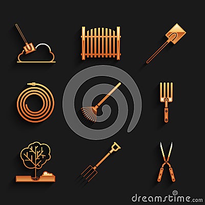 Set Garden rake for leaves, pitchfork, Gardening handmade scissor, Planting tree the ground, hose fire hose, shovel and Vector Illustration