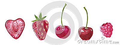 Set of garden red berries, heart-shaped and round, watercolor clip art Cartoon Illustration