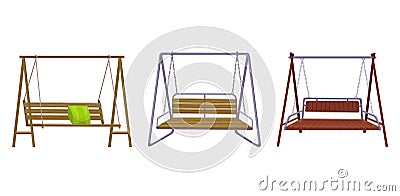 Set of garden swing benchs. Classic outdoor garden wooden hanging furniture. Wooden porch swings hanging on frame with Vector Illustration