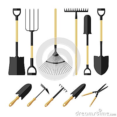 Set garden tools. Colored icons of garden tools. Shovels, rakes and a ripper and garden shears. Vector Illustration