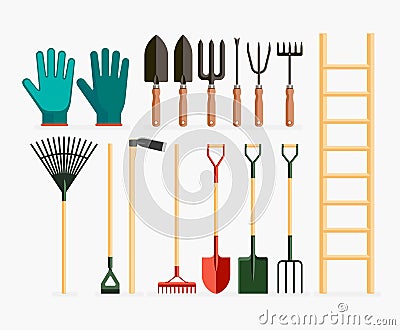 Set of garden tools and gardening items. Vector Illustration
