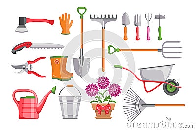 Set of garden tools isolated on white background. Bucket, wheelbarrow, shovel, pitchfork, rake, pruner, ax, saw, watering can Vector Illustration