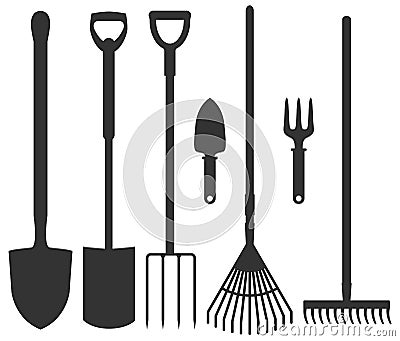 Set of garden tools: spade, rakes, pitchforks, shovels. Vector i Vector Illustration