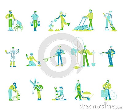 Set Gardeners or Farmers Characters Working. Gardening People Isolated on White Background. Worker Watering Plants Vector Illustration