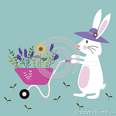 Set of gardening bunny with a wheelbarrow full of wild flowers. Vector Illustration