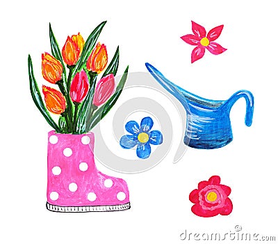 Set of gardening illustrations. Polka dot gumboot filled with a bouquet of beautiful tulips and blue wataring pot. Cartoon Illustration