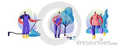 Set of Gardening People Isolated on White background. Worker Watering Plants with Hose, Woman Raking Ground Vector Illustration