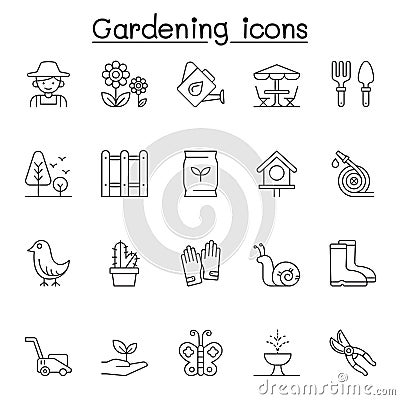 Set of Gardening Related Vector Line Icons. Contains such Icons as gardener, glove, lawnmower, plant, butterfly, fertilization, Vector Illustration