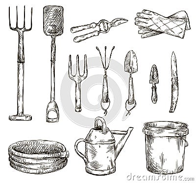 Set of gardening tools drawings, vector illustrations Vector Illustration