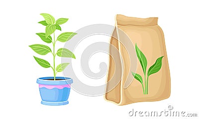 Set of gardening tools. Potted seedling and seeds packaging cartoon vector illustration Vector Illustration