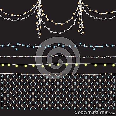 Set garlands with brilliant, bright patches of light, shining lamp Vector Illustration
