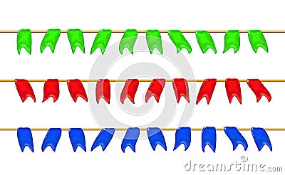 Set, garlands 3d glossy little flags or pennants by a rope, hanging for holiday, realistic plastic toy for children. Design shiny Vector Illustration