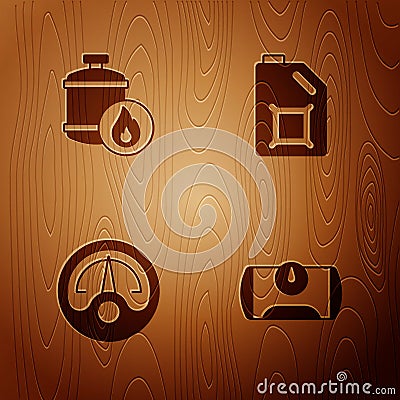 Set Gas tank for vehicle, Propane gas, Motor gauge and Canister motor oil on wooden background. Vector Vector Illustration