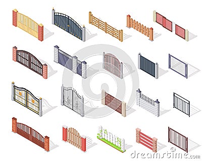 Set of Gates and Fences In Isometric Projection Vector Illustration