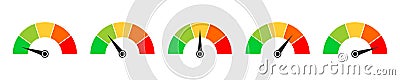 Set of gauge meters with arrows. Colorful indicator to measuring level, temperature, speed, pressure. Rating scale or Vector Illustration