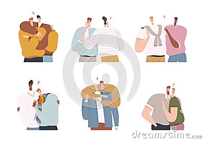 Set of gay men in a romantic relationship in pairs. Sexual minorities and men`s love Vector Illustration