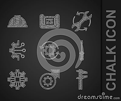 Set Gear and arrows as workflow, process, Calliper caliper scale, Screwdriver, Processor, Algorithm, Wrench and Worker Vector Illustration