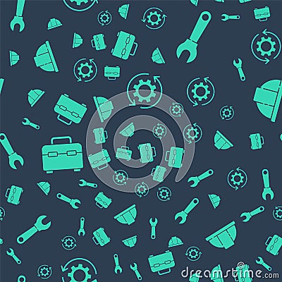 Set Gear and arrows as workflow, Wrench spanner, Toolbox and Worker safety helmet on seamless pattern. Vector Vector Illustration