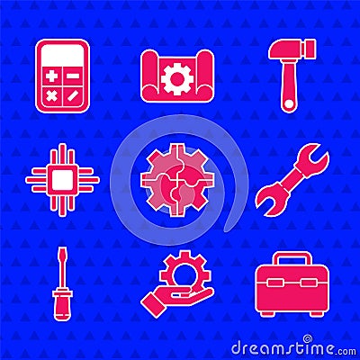 Set Gear, Settings in the hand, Toolbox, Wrench spanner, Screwdriver, Processor with microcircuits CPU, Hammer and Vector Illustration