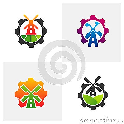 Set of Gear Windmill logo design vector template. Creative Windmill logo concept Stock Photo