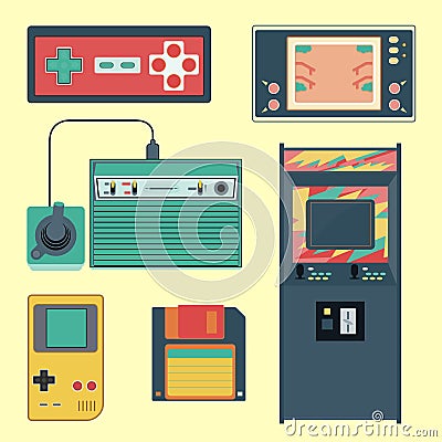 Set of geek gaming retro gadgets from the nineties. Old game entertainment devices of the 90s. Electronics from the 20th century Vector Illustration