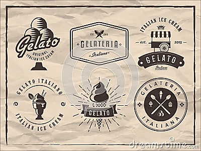 Set of gelato badges on vintage paper background. Vector Illustration