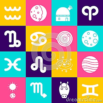 Set Gemini zodiac, Planet Jupiter, Moon, Astronomical observatory, Cancer, Capricorn, Aquarius and Solar system icon Vector Illustration