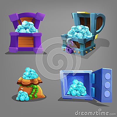 Set of gems treasure in chest, bag and safe. Vector Illustration