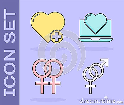 Set Gender, Heart, Female gender symbol and Laptop with heart icon. Vector Vector Illustration