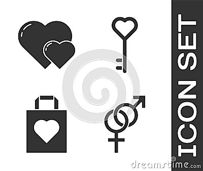 Set Gender, Heart, Shopping bag with heart and Key in heart shape icon Stock Photo