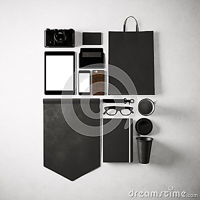 Set of generic design office elements on the white background. Square, top view. 3d render Stock Photo