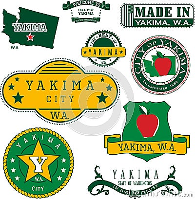 Set of generic stamps and signs of Yakima, WA Vector Illustration