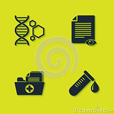 Set Genetic engineering, Test tube with drop of blood, Health record folder and Paper page eye icon. Vector Vector Illustration