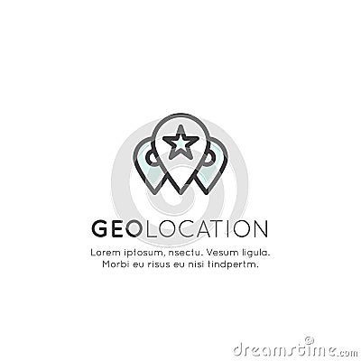 Set of Geo Location Tag, Proximity Marketing, Global Network Connection, Location Identification Stock Photo