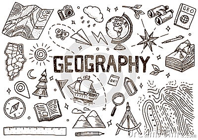 Set of geography symbols. Equipments for web banners. Vintage outline sketch for web banners. Doodle style. Education Vector Illustration