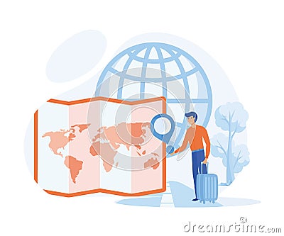 Set Geolocation Concept with Tiny Male and Female Characters Searching Route Vector Illustration
