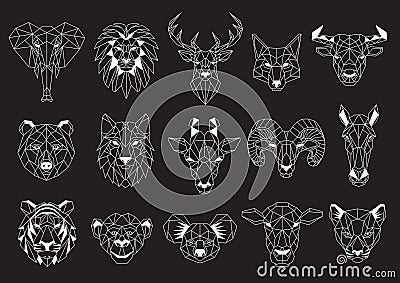 Set of Geometric abstract animals. White animals on black background. Trendy mono line vector design Vector Illustration