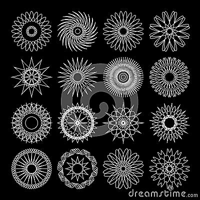 Set of 16 geometric circular Spirograph elements. Collection of abstract shapes for certificate, diploma, secure paper Vector Illustration