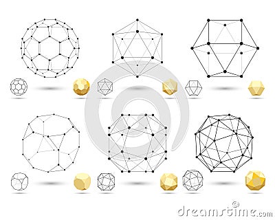 Set of geometric 3D polyhedron shapes from triangular faces for graphic design. Frame volumetric gold form with edges and vertices Vector Illustration