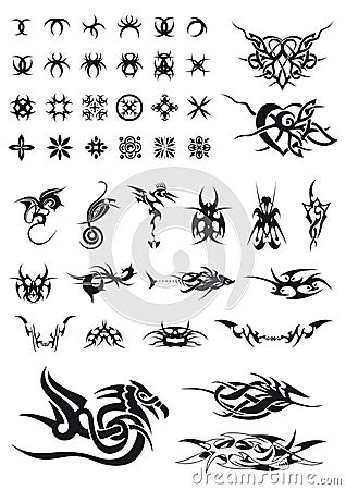 Set of geometric decorations and tribals tattoos Vector Illustration