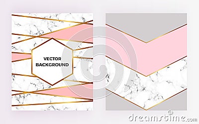 Set geometric designs posters with gold, cream, grey, pastel pink colors and marble texture stripesr background. Template for invi Stock Photo