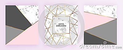 Set geometric designs posters with gold line, grey, pastel pink colors and marble texture background. Template for invitation, ca Stock Photo