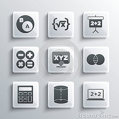Set Geometric figure, Chalkboard, Mathematics sets A and B, XYZ Coordinate system, Calculator, Subsets, math, is subset Vector Illustration
